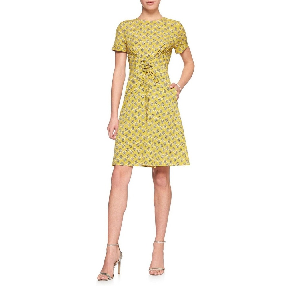 Banana Republic Yellow Floral Medallion Lace Up Corset Waist Pocket Dress 8